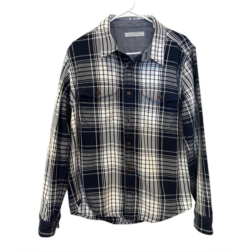 Outerknown blanket shirt blue and white plaid organic cotton size medium